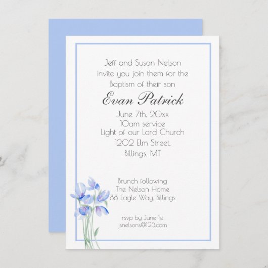 Jongen Christening Baptism Blue Wildflower Aankondiging (Voorkant / Achterkant)