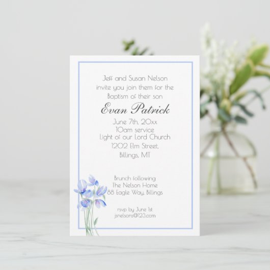 Jongen Christening Baptism Blue Wildflower Aankondiging (Staand voorkant)