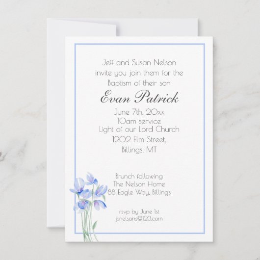 Jongen Christening Baptism Blue Wildflower Aankondiging (Voorkant)