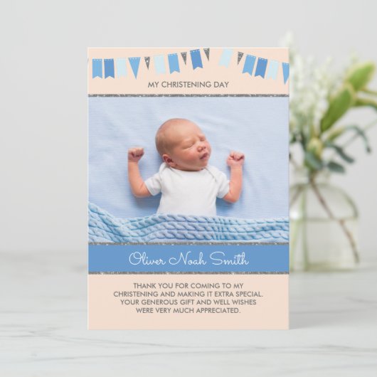 Jongen Christening/Baptisme Hartelijk dank Bedankkaart (Staand voorkant)