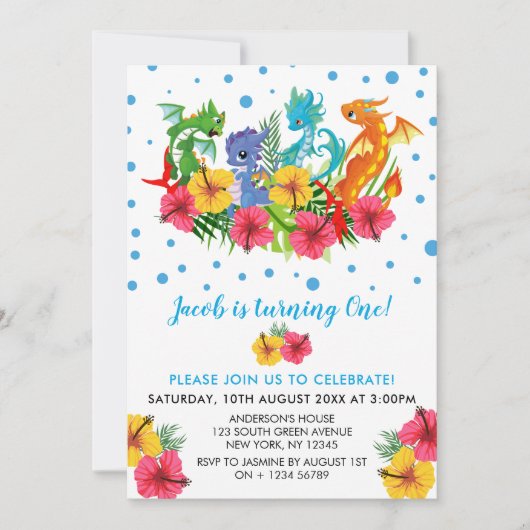 Jongen Colorful Dinosaur Tropical First Birthday Kaart (Voorkant)