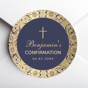 Jongen Communie Vintage Gouden Rozen Marineblauw Ronde Sticker