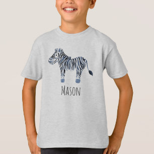 Jongen Cool Blue Waterverf Zebra Safari met naam T-shirt