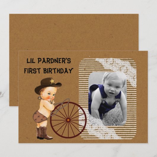 Jongen Cowboy uitnodiging voor eerste verjaardag (Voorkant / Achterkant)