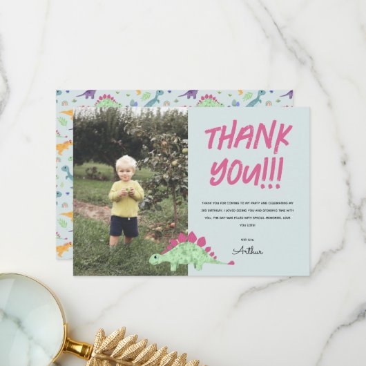 Jongen Cute Blauwe Dinosaur Jungle Kids Verjaardag Bedankkaart (Voorkant / Achterkant in situ)