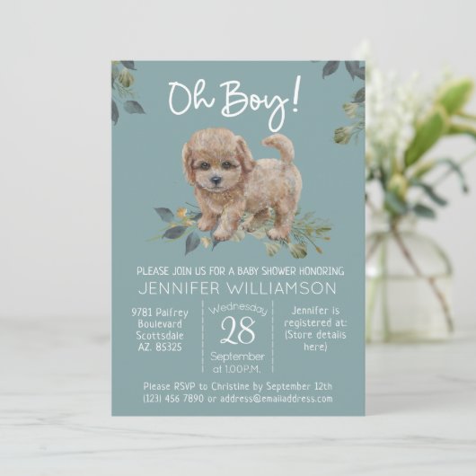 Jongen! Cute Dog Baby shower Labradoodle Kaart (Staand voorkant)