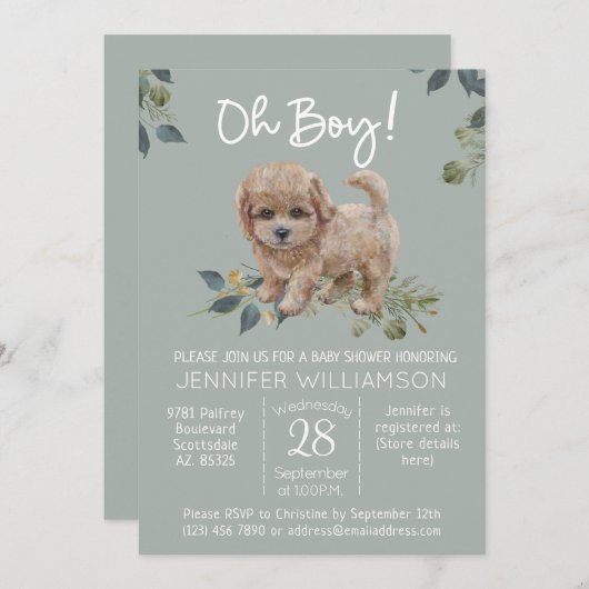 Jongen! Cute Dog Baby shower Labradoodle Sage Kaart (Voorkant / Achterkant)