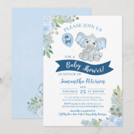 Jongen! Cute Elephant Blue Floral Baby shower Kaart