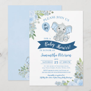 Jongen! Cute Elephant Blue Floral Baby shower Kaart