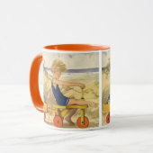 jongen die aan de strand met zandspeelgoed speelt mok (Voorkant links)