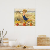  jongen die aan de strand met zandspeelgoed speelt poster (Keuken)