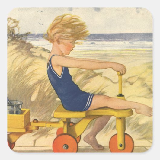  jongen die aan de strand met zandspeelgoed speelt vierkante sticker (Voorkant)