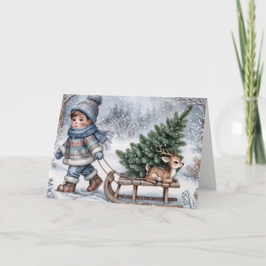 Jongen die aan een ouderwetse slee trekt feestdagen kaart (Voorkant)