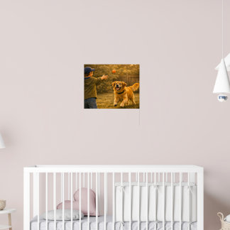 Jongen die apport speelt met hond Slaapkamerposter Poster