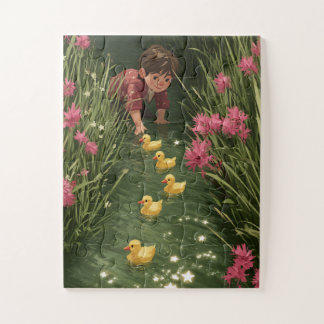 Jongen die baby-eendjes bekijkt in een glinsterend legpuzzel
