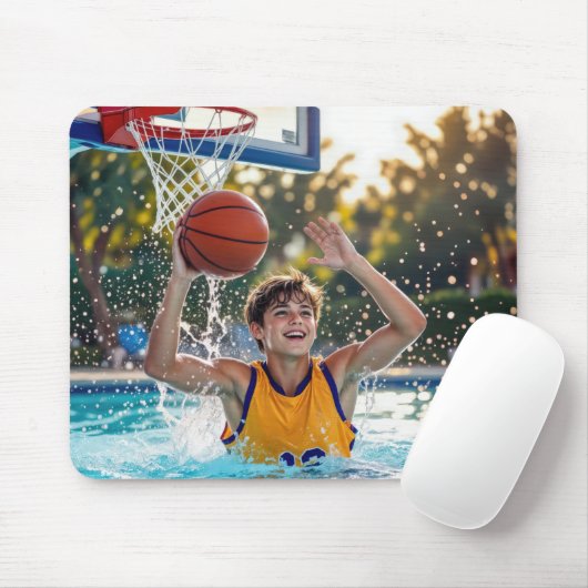 Jongen die basketbal speelt in een zwembad muismat (Met muis)