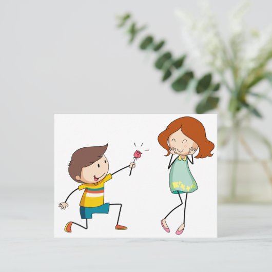 Jongen die bloem geeft aan vriendin briefkaart (Staand voorkant)