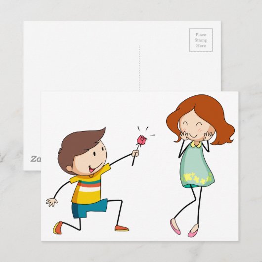 Jongen die bloem geeft aan vriendin briefkaart (Voorkant / Achterkant)