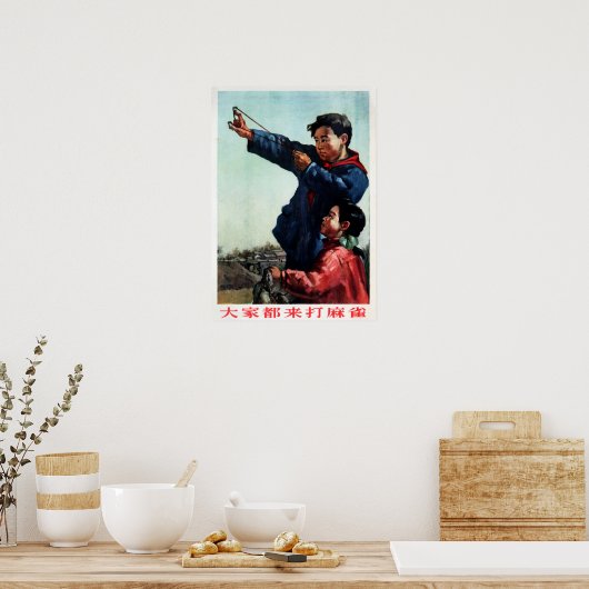 Jongen die de Sparrow Farming Pest van 1956 schaft Poster (Keuken)