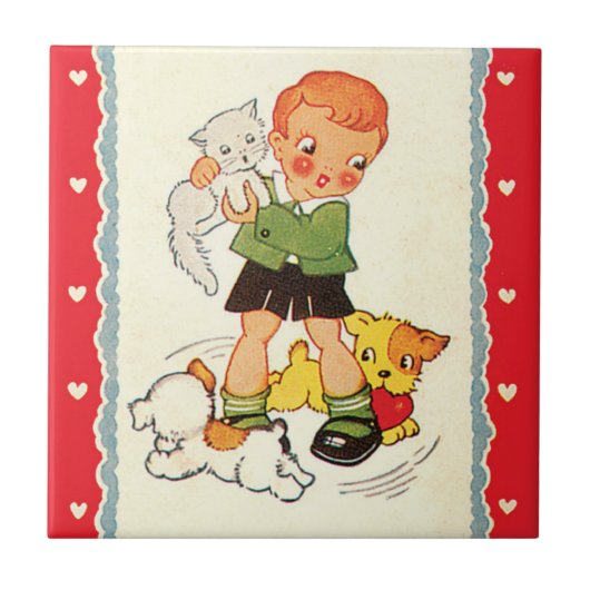  jongen die een Keuter met Racing Puppies houdt Tegeltje (Voorkant)