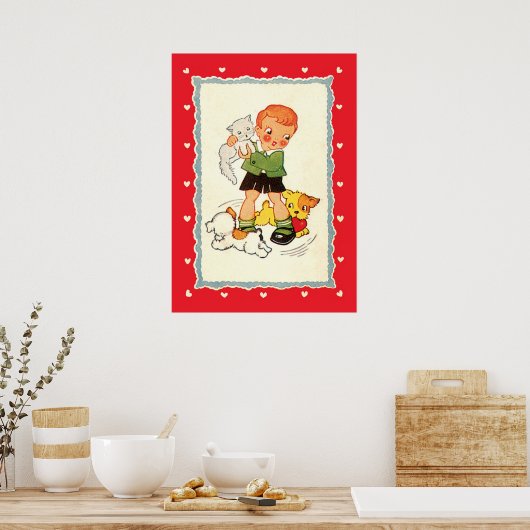  jongen die een kitten redt van race-Puppies Poster (Keuken)