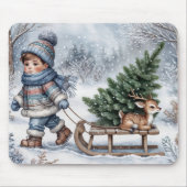 Jongen die een ouderwetse slee met boom trekt muismat (Voorkant)