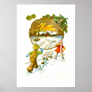 Jongen die een sneeuwbal gooien poster