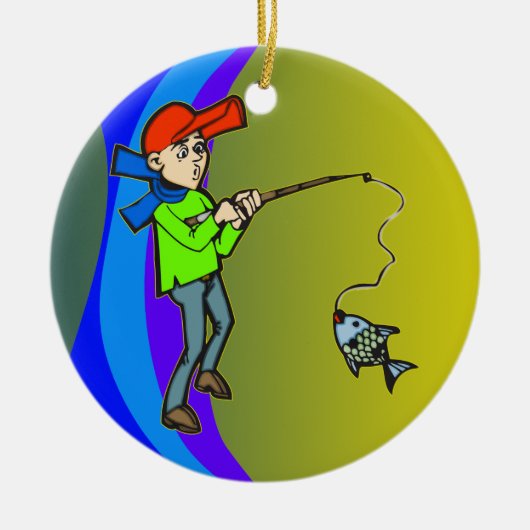 Jongen die een vis vangen keramisch ornament (Voorkant)