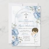 Jongen die Eerste Heilige Communie Bidden Stoffige Kaart (Voorkant)