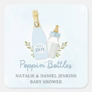 Jongen die flessen laat knallen Baby Shower Blauw Vierkante Sticker