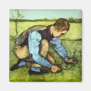 Jongen die gras knipt met sikkel door Vincent van  Magneet