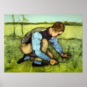 Jongen die gras knipt met sikkel door Vincent van  Poster