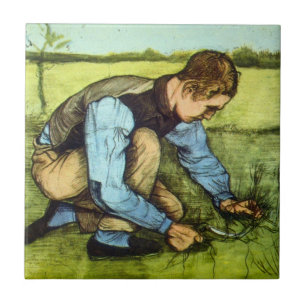 Jongen die gras knipt met sikkel door Vincent van  Tegeltje