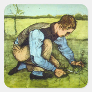 Jongen die gras knipt met sikkel door Vincent van  Vierkante Sticker