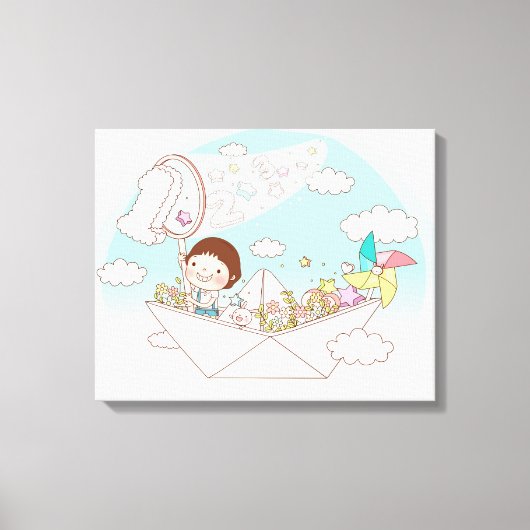 Jongen die in een papieren boot zitten canvas afdruk (Voorkant)