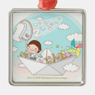 Jongen die in een papieren boot zitten metalen ornament