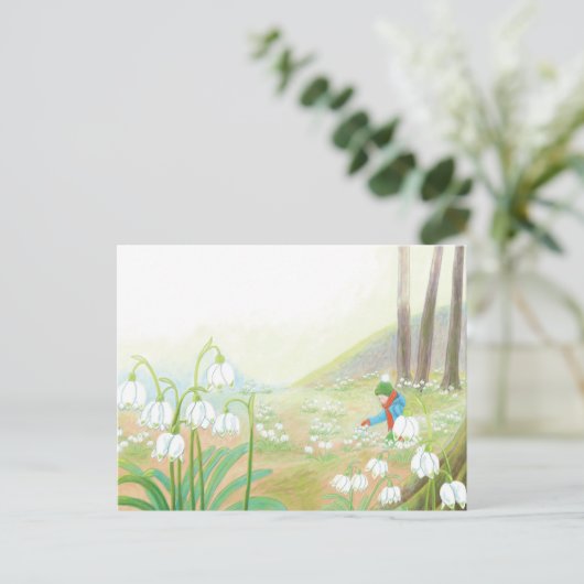 Jongen die lentesneeuwvlokken schoppen, illustrati feestdagenkaart (Staand voorkant)