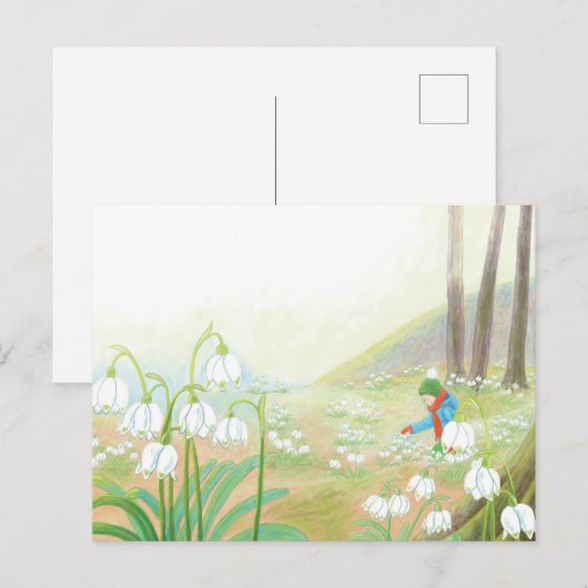 Jongen die lentesneeuwvlokken schoppen, illustrati feestdagenkaart (Voorkant / Achterkant)