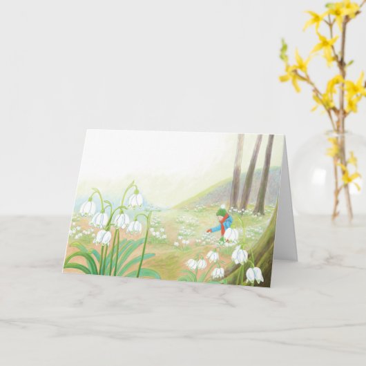 Jongen die lentesneeuwvlokken schoppen, illustrati kaart (Gele Bloem)