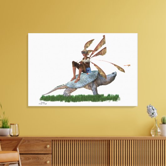 Jongen die met een vliegtuig op een schildpad met  canvas afdruk (Insitu (Woonkamer))