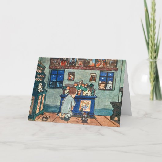  jongen die met kerstspeelgoed speelt feestdagen kaart (Voorkant)