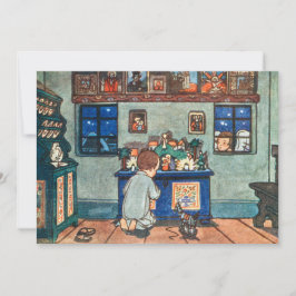  jongen die met kerstspeelgoed speelt feestdagenkaart