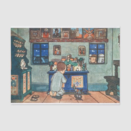 jongen die met kerstspeelgoed speelt tissuepapier (Voorkant)