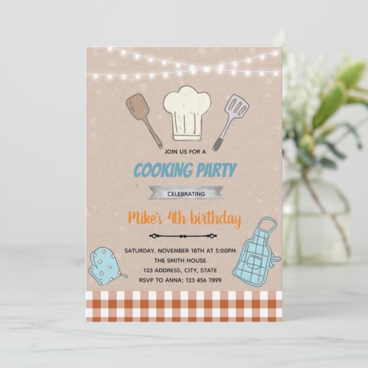 Jongen die met thema's koken bedankkaart (Staand voorkant)