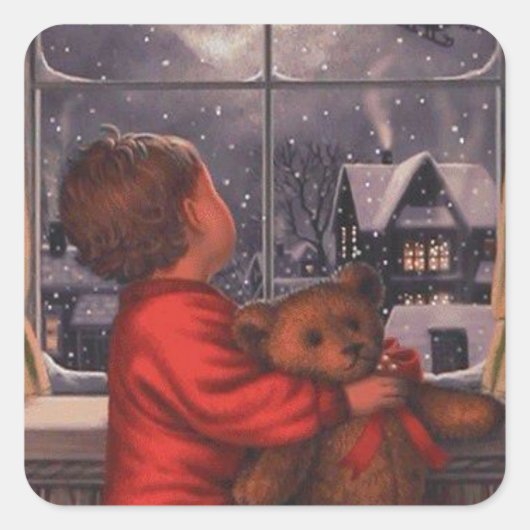  jongen die naar de kerstman kijkt die over vliegt vierkante sticker (Voorkant)
