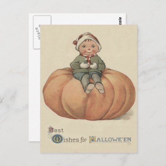 Jongen die op reuzenpompoen zit briefkaart (Voorkant / Achterkant)