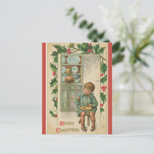 jongen die plum Pudding Kerstmis eet Briefkaart (Staand voorkant)