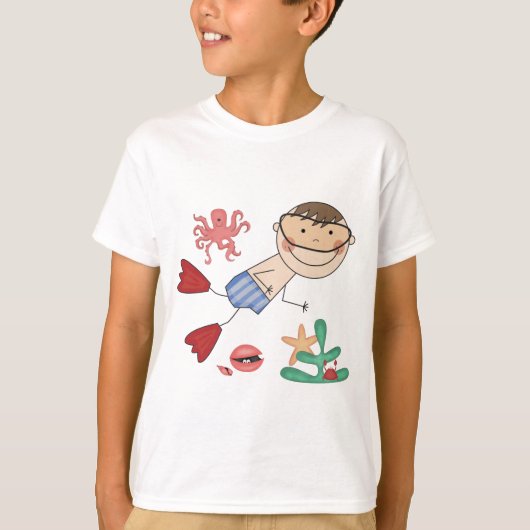 Jongen die T-shirts en cadeautjes zwemmen (Voorkant)