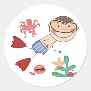 Jongen die T-shirts en cadeautjes zwemmen Ronde Sticker