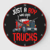 Jongen die van rode vrachtwagens houdt grote klok (Voorkant)